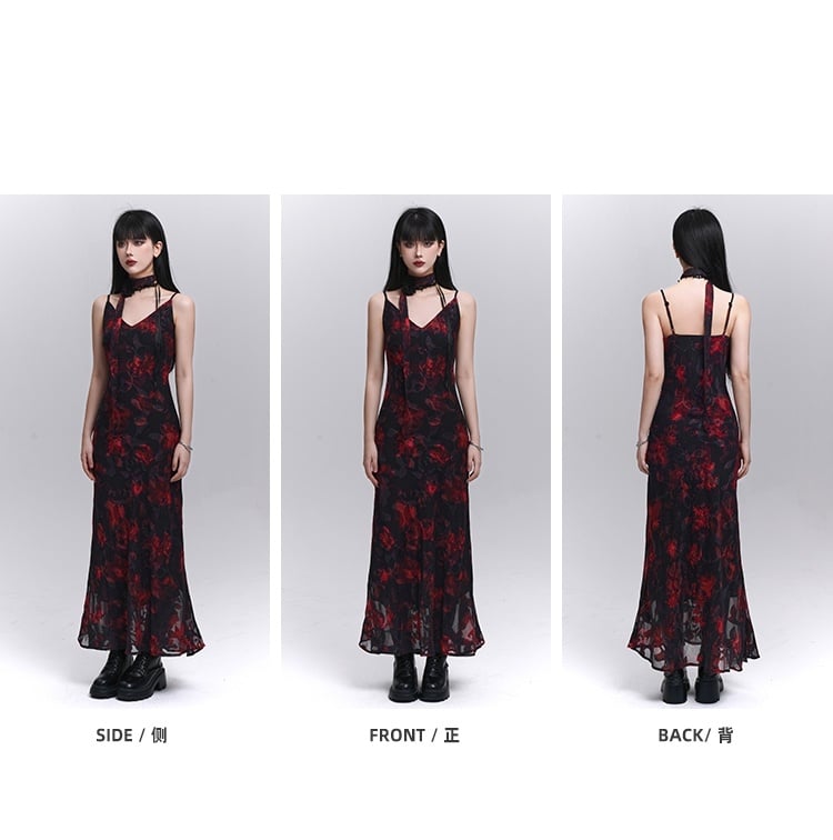 Rotes und schwarzes Slip-Kleid mit V-Ausschnitt und Blumenmuster in Knöchellänge