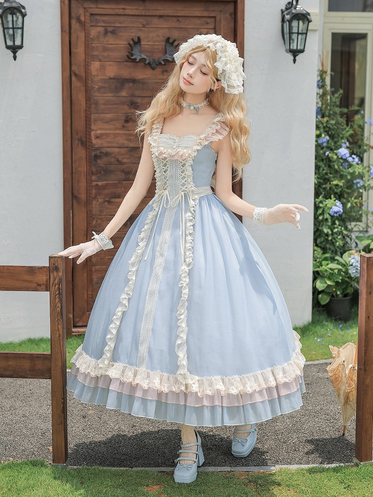 Blue Long Version Flounce Hem Lolita JSK Dress + Choker + Hairband Set - With PUJI