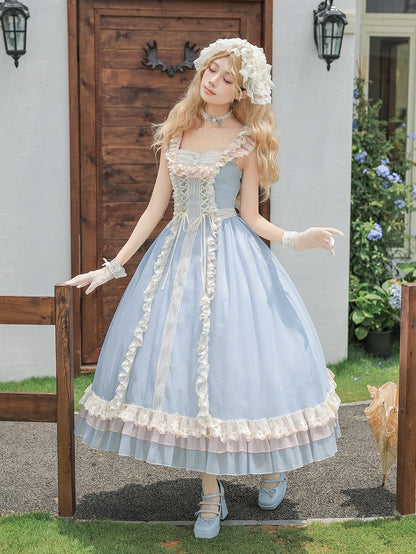 Blue Long Version Flounce Hem Lolita JSK Dress + Choker + Hairband Set - With PUJI