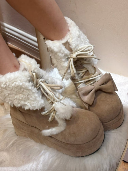 Khaki Bow Accent Fleece Lined Platform Winter Boots