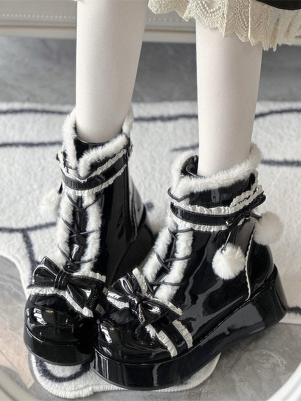 PU Sweet Lolita Black Platform Winter Boots with Bow & Pom-Pom Decor, Size 35 - Jiang Jiang Little Cookies