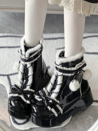 PU Sweet Lolita Black Platform Winter Boots with Bow & Pom-Pom Decor, Size 35 - Jiang Jiang Little Cookies