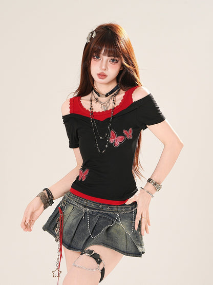 ブルー/レッドのバタフライアップリケフェイクツーピースTシャツ