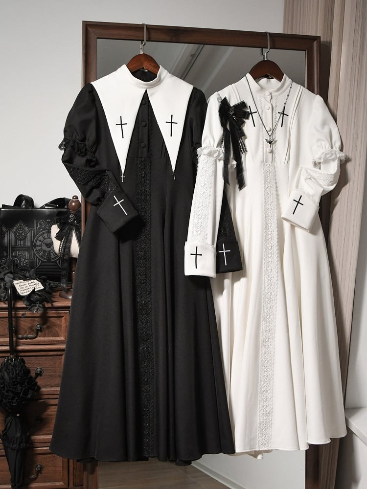 Cross Nun Lolita Trimmed White Short Sleeves Lace Embroidery with Dress
