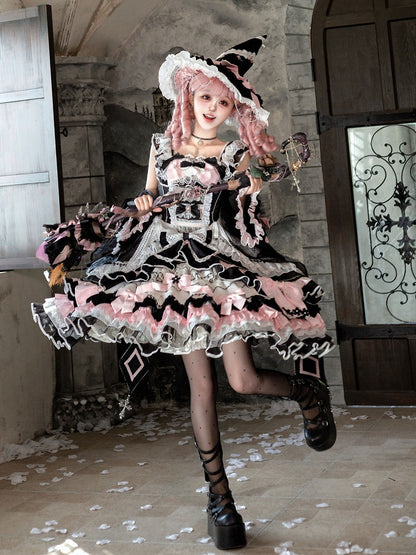 Witch-Themed Cross Accent Lolita JSK Full Ensemble in Black and Pink with Bow Train, Cape, Detachable Sleeves, Hat and Outer Sleeves - Felinae Cookie
