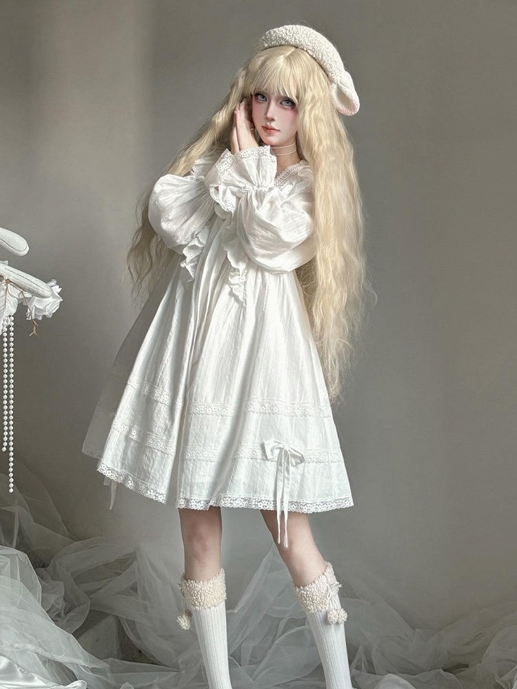 White Princess Lace Trim Bowknot Long Sleeve Lolita Dress - AMAHAKAWA