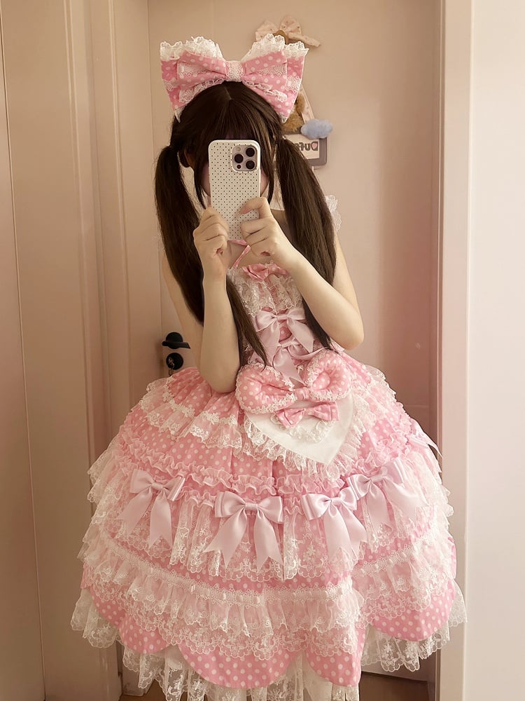 Süße Schleife rosa Kleid Punkte Lolita Polka Rock Muster Pullover Schule Akzente alt