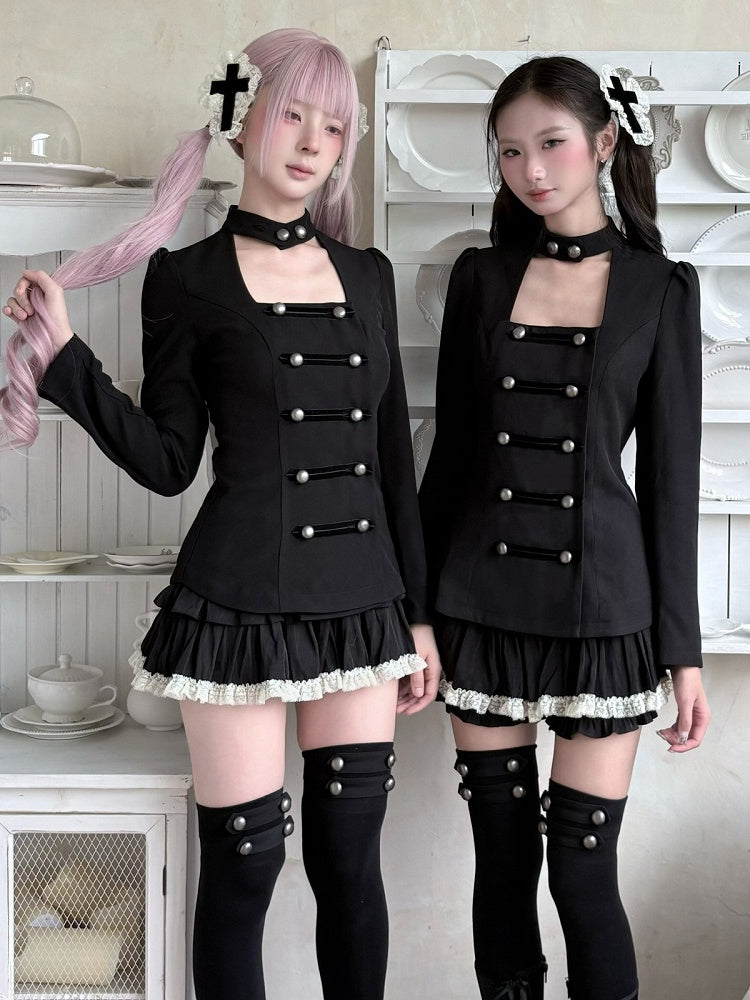 Gothic Black Double-Breasted Stand-Collar Blouse - Damn Girl
