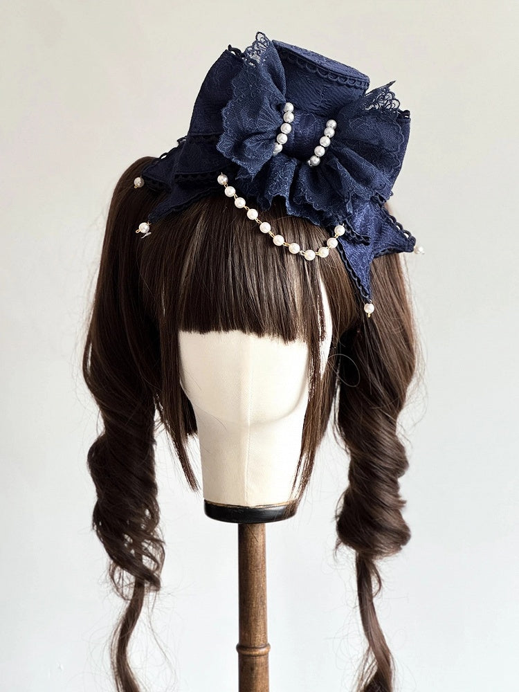 Blue Chain Navy Mini Lolita (Lace Accents) Hat Pearl