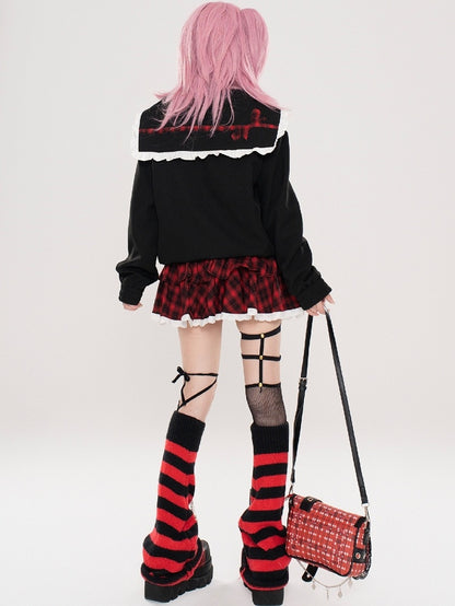Y2K Black Sailor Collar Top with Red Plaid Tiered Skirt Set