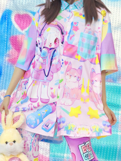 Plaid Blue Shirt Cartoon Print Pattern Light