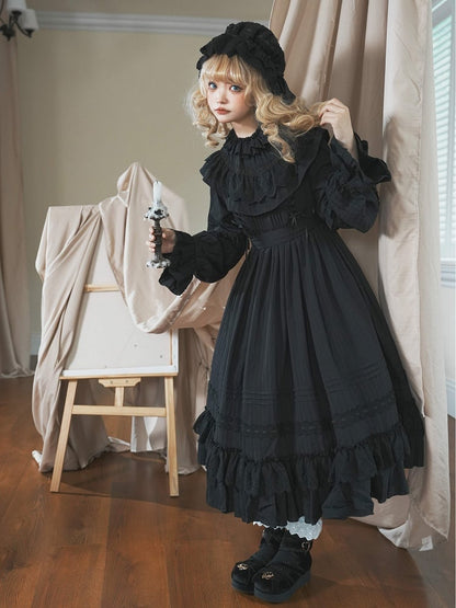 Lolita-Kleid, Kuro-Saum, Gothic, mehrlagige Ärmel, langer Rüschenhals, ganz in Schwarz