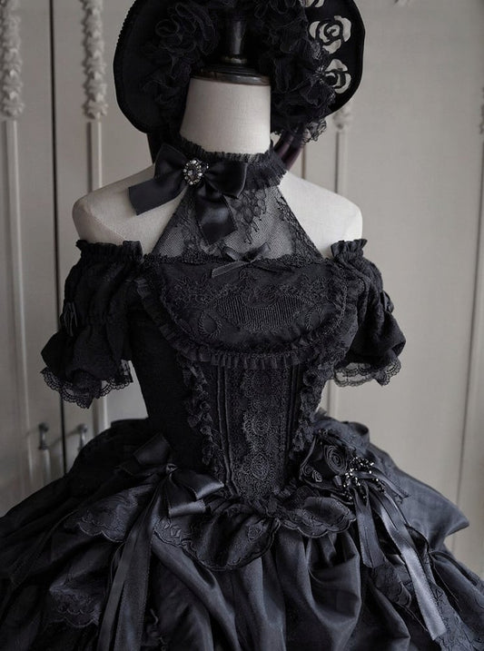Elegant Boned and Puff Illusion Lolita Black Classic Sleeves Neckline Details with Top Lace Embroidery Corset