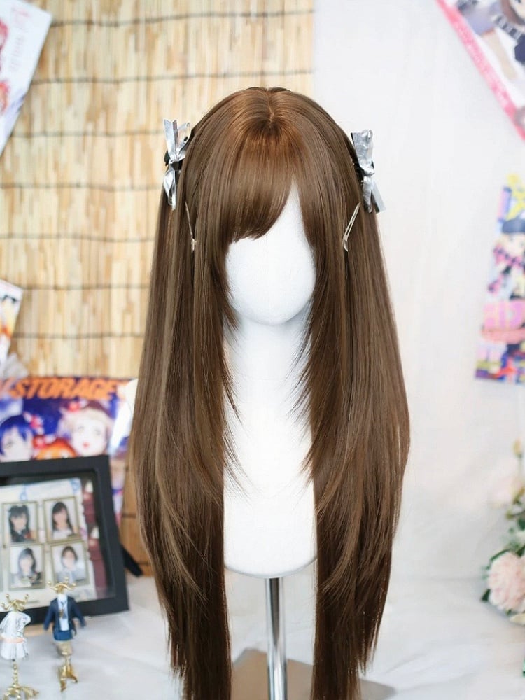 Brown 70cm Straight Wig Side-Swept Bangs - Dalao Home