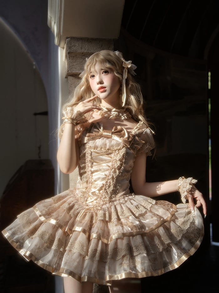 Ärmel Korsett Lolita Kitty Kurzes Kleid Print und Bunny Puff Champagner