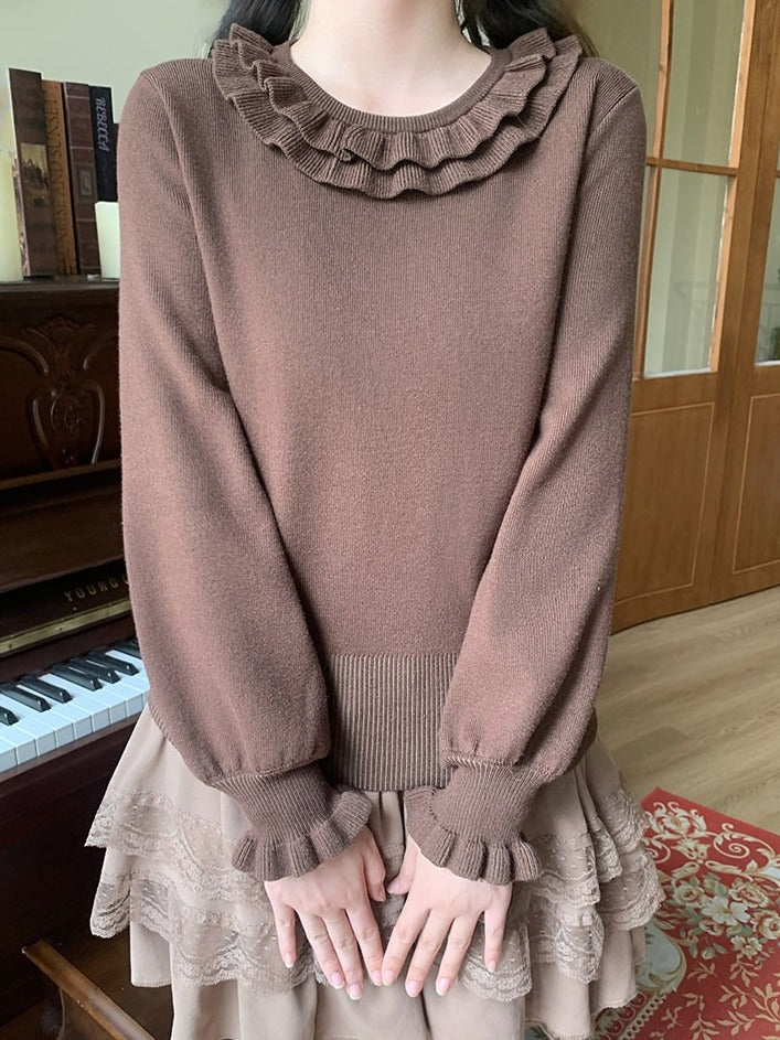 Caramel Bowknot Accent Long Sleeve Blouse with Ruffle Cuffs and Neckline - Lan Jian Chuan