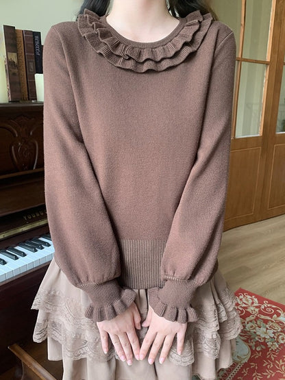 Caramel Bowknot Accent Long Sleeve Blouse with Ruffle Cuffs and Neckline - Lan Jian Chuan