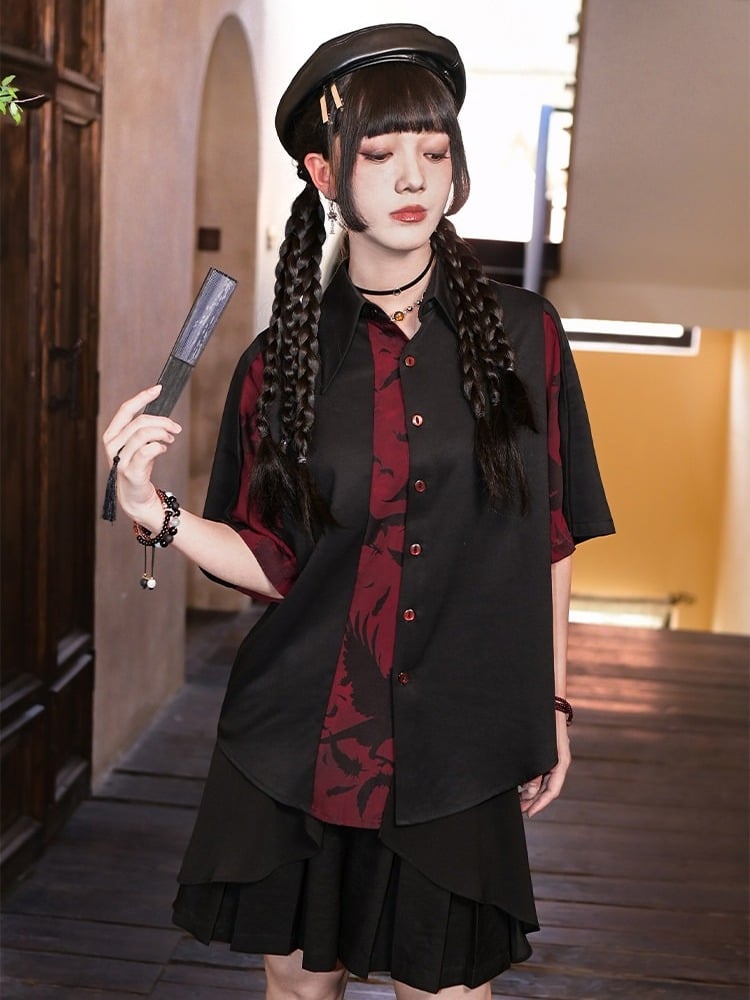 Gothic Black and Red Spliced Pointed Flat Collar Short Sleeve Shirt with Crow Motif - Quirky Hut
