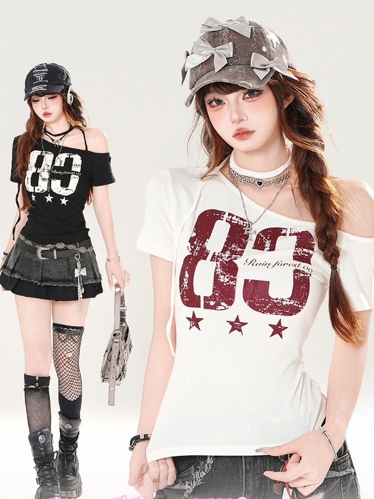 Asymmetrical Neckline T-shirt Vintage Number Print Black/White