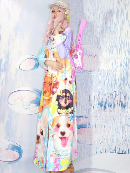 Shirt Length Y2K Puppy Ankle Dress Color Rainbow Print