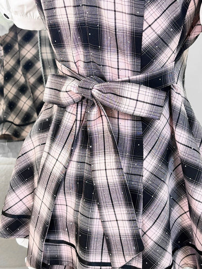 Plaid Short Sleeve Dress with Sparkle & Shorts - Bunny Rush