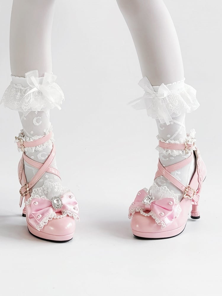 High Lolita Bow Lace Pink Heels Hime Trim Crystal Bead - with