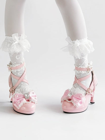High Lolita Bow Lace Pink Heels Hime Trim Crystal Bead - with