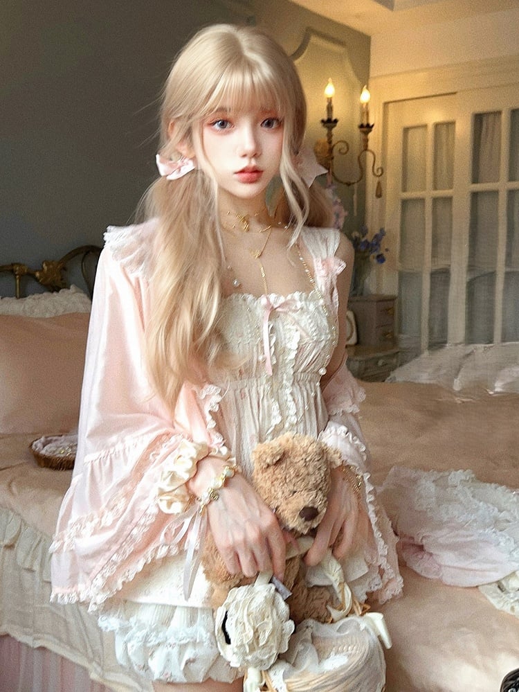 Gerüschte, sonnenschützende rosa Ärmel mit Cardigan-Glocke