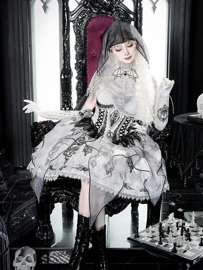 Black & White Bone Dragon Embroidery Halter Neck Gothic Lolita Dress Set - Ying Luo Fu