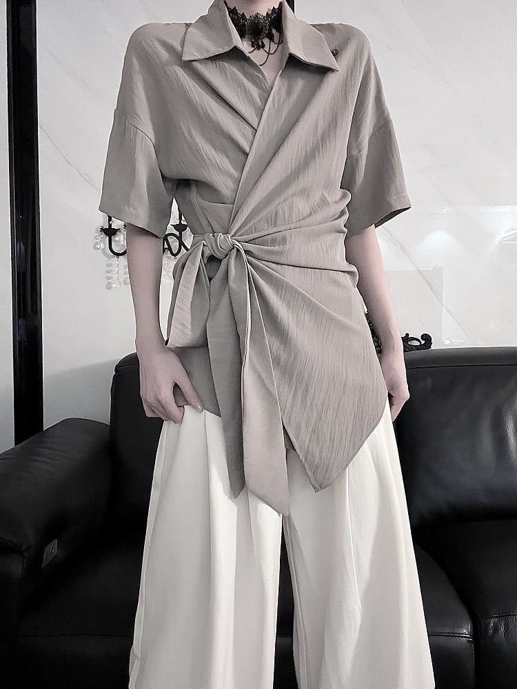 Top - Versatile Drop Shoulder Gray Short Sleeve Styling Neckline Crossover