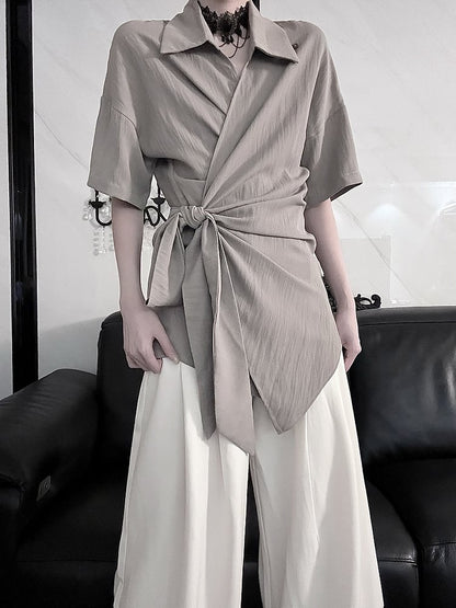 Top - Versatile Drop Shoulder Gray Short Sleeve Styling Neckline Crossover