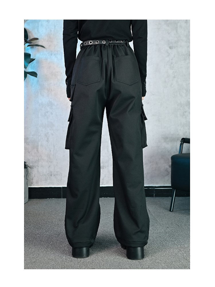 Embroidered Gothic Pockets Cheongsam Eyeball Cargo Cuffs with Black Drawstring Pants