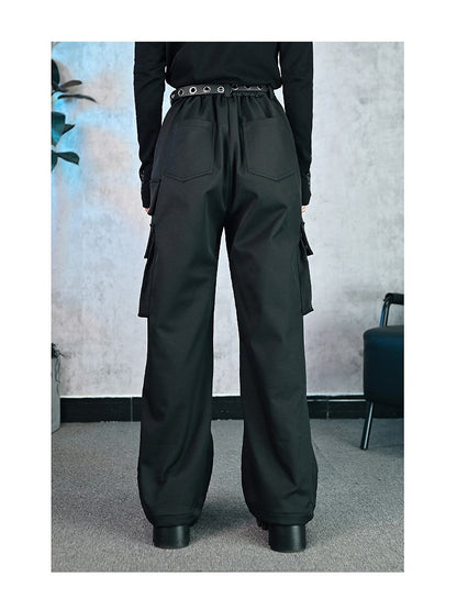 Embroidered Gothic Pockets Cheongsam Eyeball Cargo Cuffs with Black Drawstring Pants