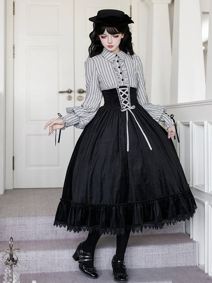Waist Dress and Fake Striped Blouse Boned Pieces Black Design Skirt Lolita Two