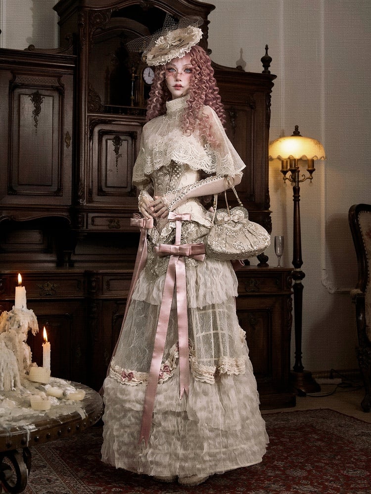 Bead High Shawl Victorian Cream Collar Lace Light Tassels Cape