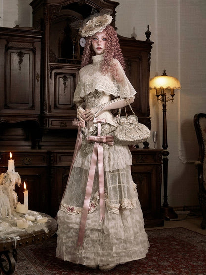 Lace Shawl Collar Cape Light Tassels Victorian Cream High Bead