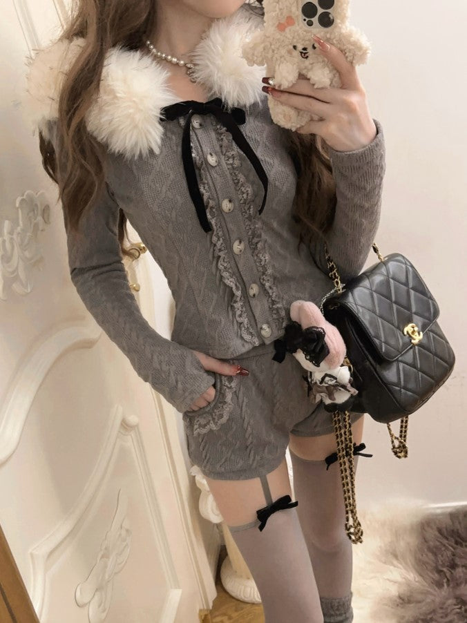 Pocket Lace-Trimmed Black With Gray Shorts Detail Bow Fleece Knit