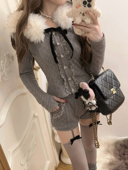 Pocket Lace-Trimmed Black With Gray Shorts Detail Bow Fleece Knit