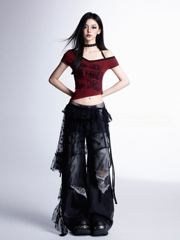 Asymmetrical Graphic Halter Neck Cropped Neckline T-shirt Punk Red Rock with Y2K Hem