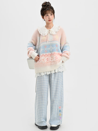 ピンクのかわいいウサギ柄ラウンドネックソフトセーター