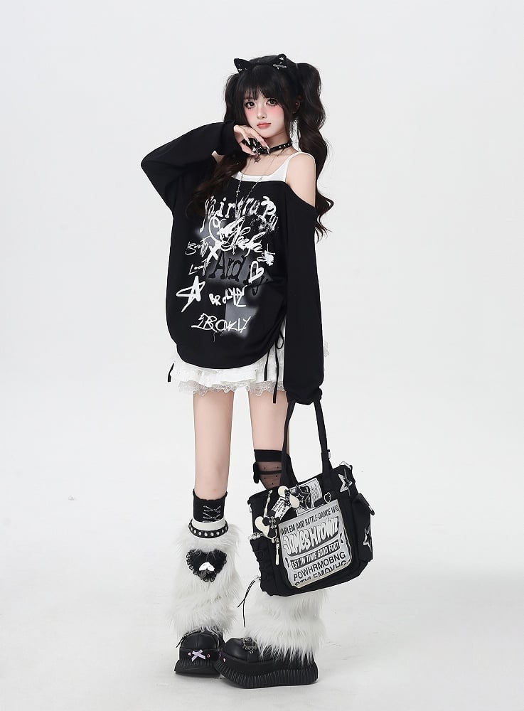 Star Y2K Print Offene Schulter Schwarz/Weiß Top Faux Zweiteiler