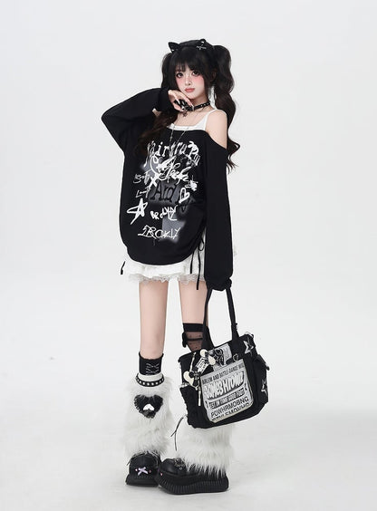 Star Y2K Print Offene Schulter Schwarz/Weiß Top Faux Zweiteiler