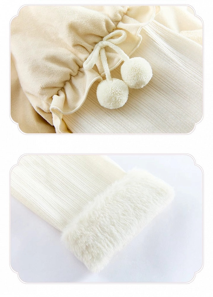 und Ausschnitt Beige Lange Ärmel Manschetten Lolita Floral Plüsch Kleid Mieder Stickerei