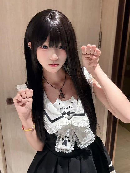 Collar Sailor Black with White Dress Print Backless Kitten Covered-back / Sleeveless