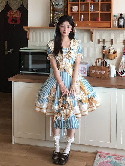 Sailor Bear Theme Striped Dress with Bow Embroidery - Twin Bear Original Design
