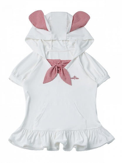 White Red Gingham Bunny Ear Hooded Short Sleeve Peplum Top - PINK SAVIOR