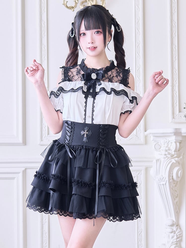 Jirai Kei White Blouse Black Neckline with Shoulder Open Illusion
