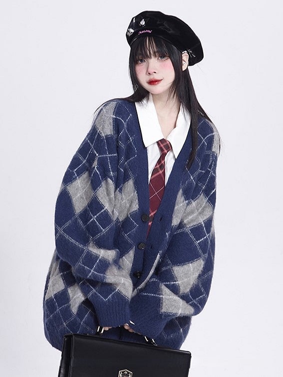 Fall Brushed Diamond Cardigan Version Blue V-Neck Mink Knit Pattern Retro /Faux