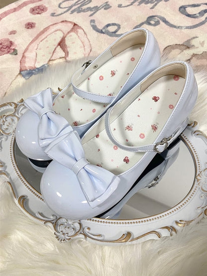 Bow Mary Removable Mid-heel and Janes Blue PU Design Baby Round Heart Closure Toe - with