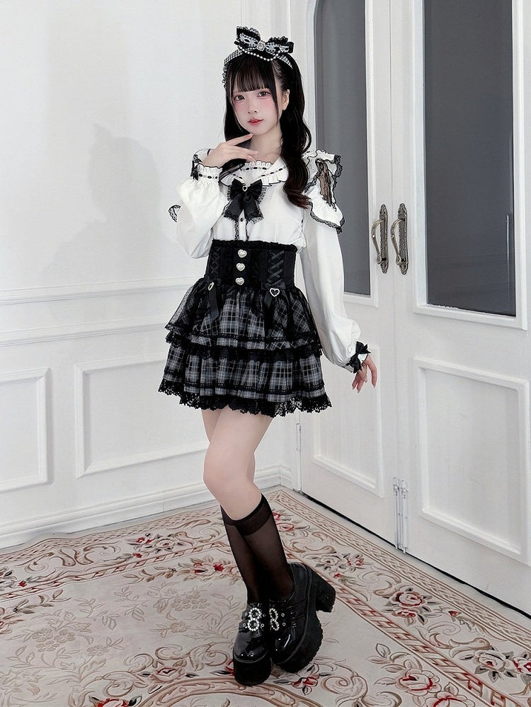 Black & White Jirai Kei Sailor-Collar Blouse with Lace Cutout Shoulders & Bow Tie - Puppet Bombs